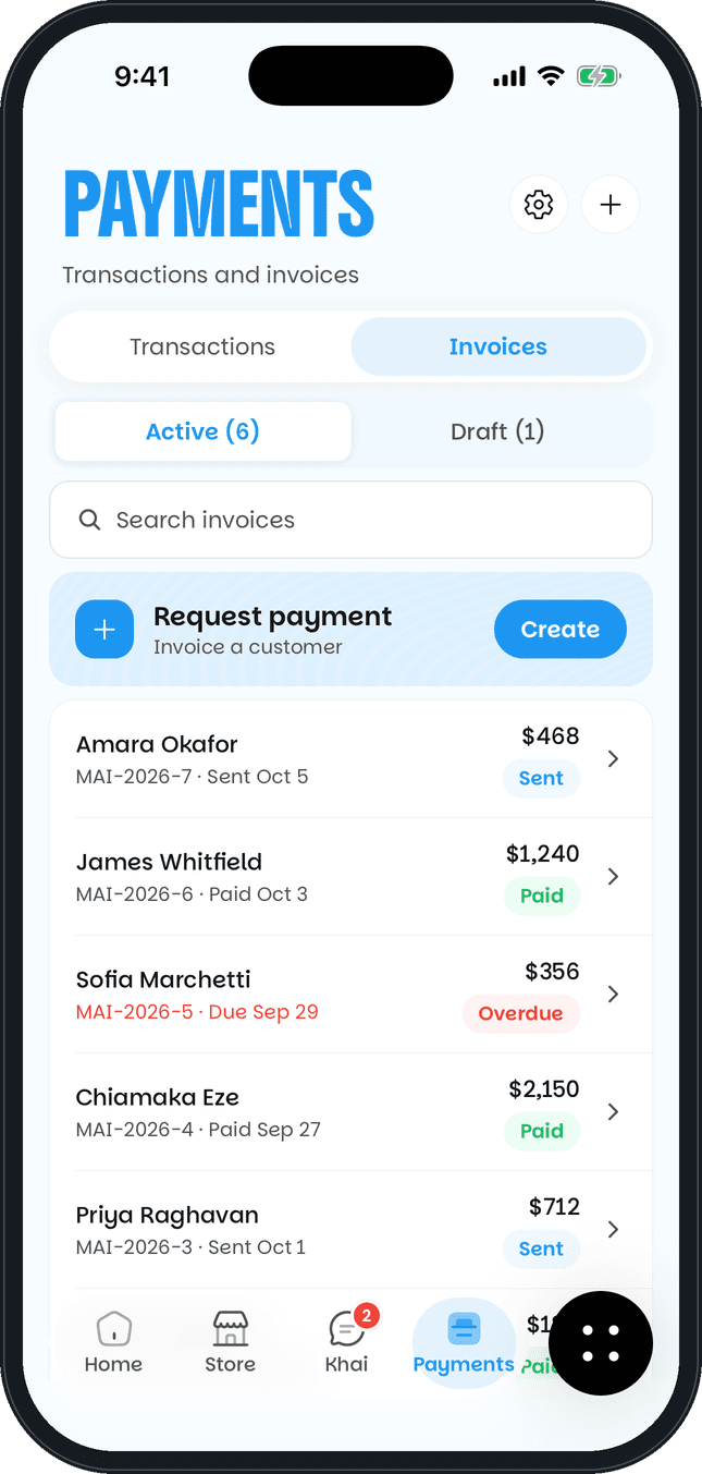 The Khaime app's Payments screen: a Request payment button and a list of paid and sent invoices