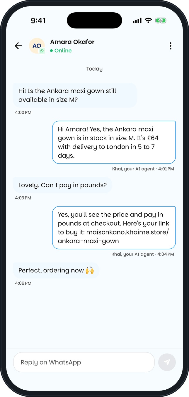 Khai, the AI sales assistant, chatting with a shopper on WhatsApp