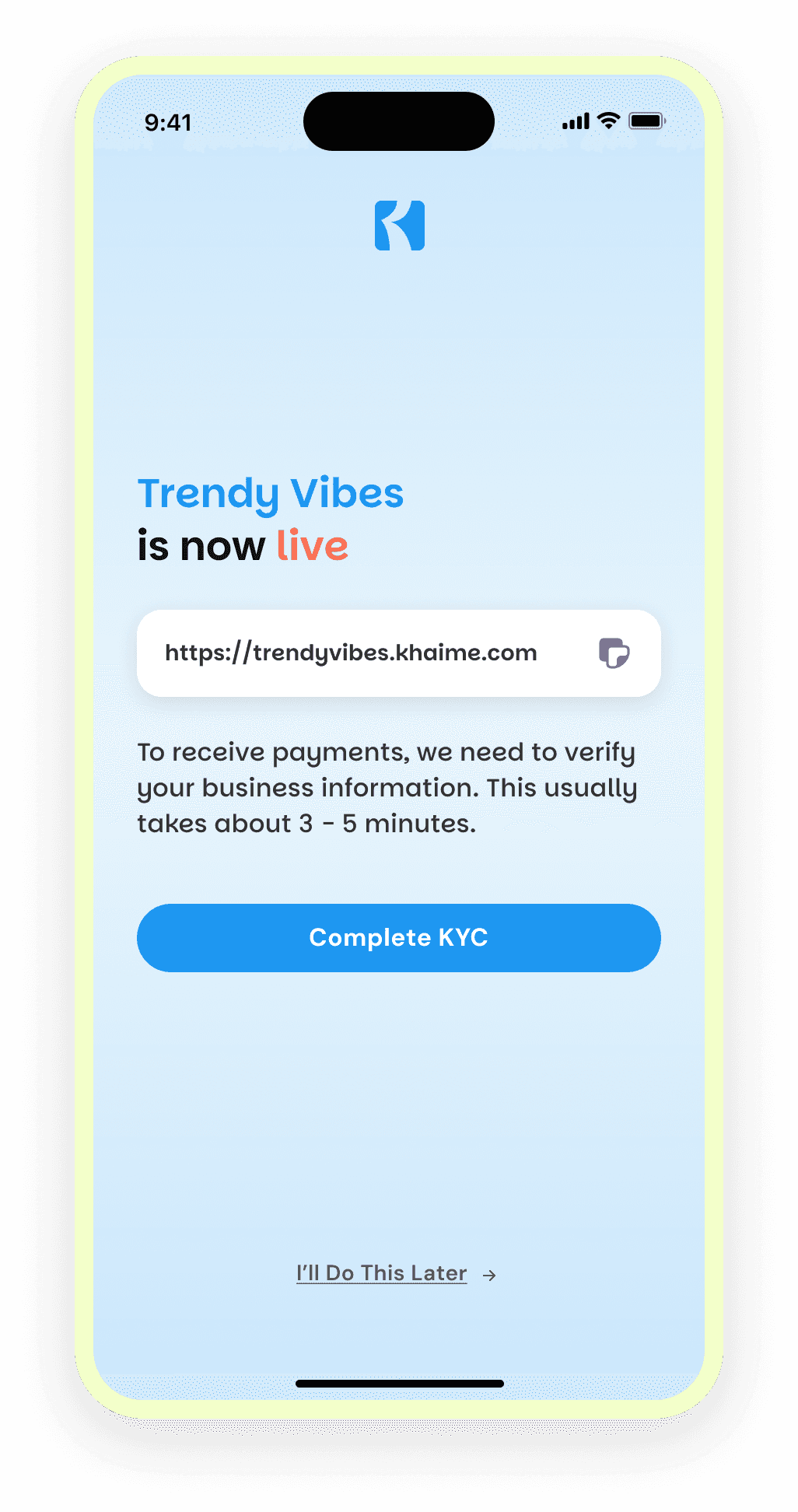 Khaime business verification screen